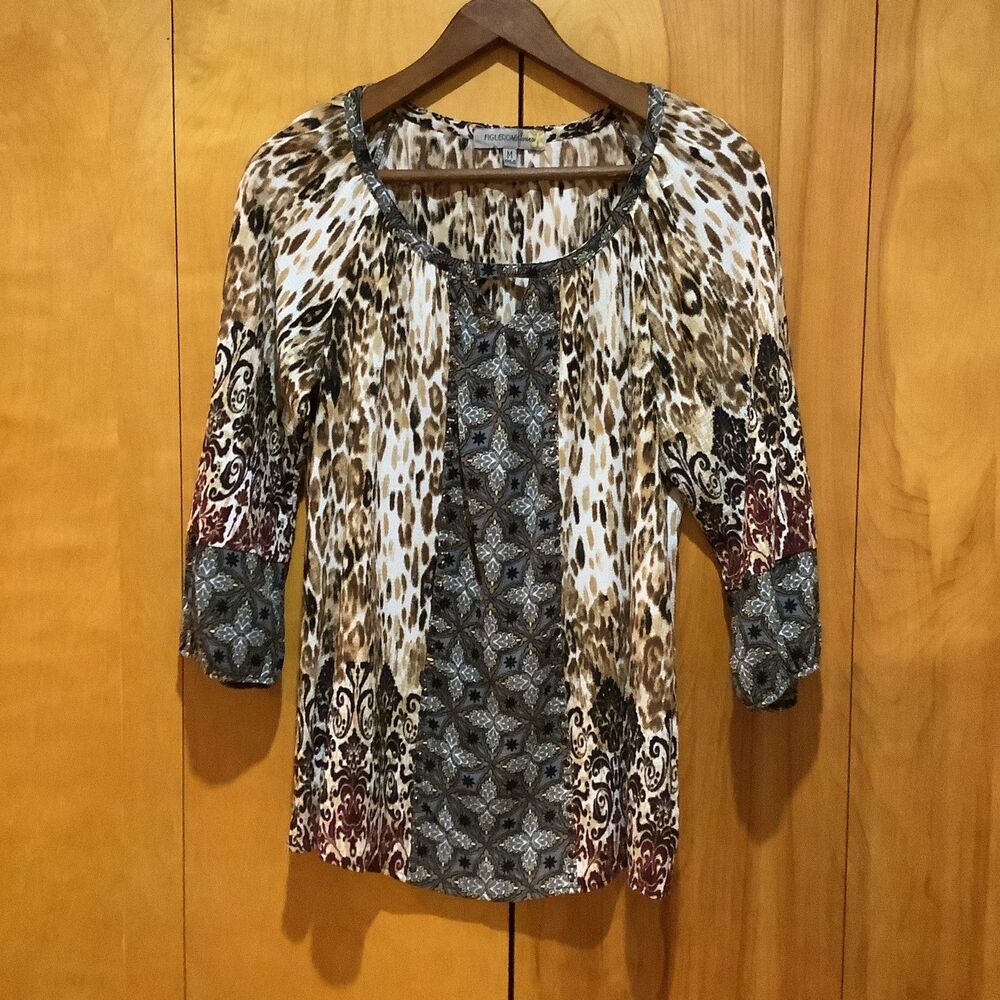 Fig & Flower Womens Multicolor Animal Print Patchwork Top Beading Size M Boho